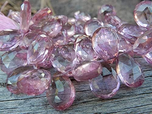 Pink Quartz Beads briolettes Faceted Teardrop Pears top drilled Stones Mystical Finish 14mm X 10mm 3 3/4 inches Strand