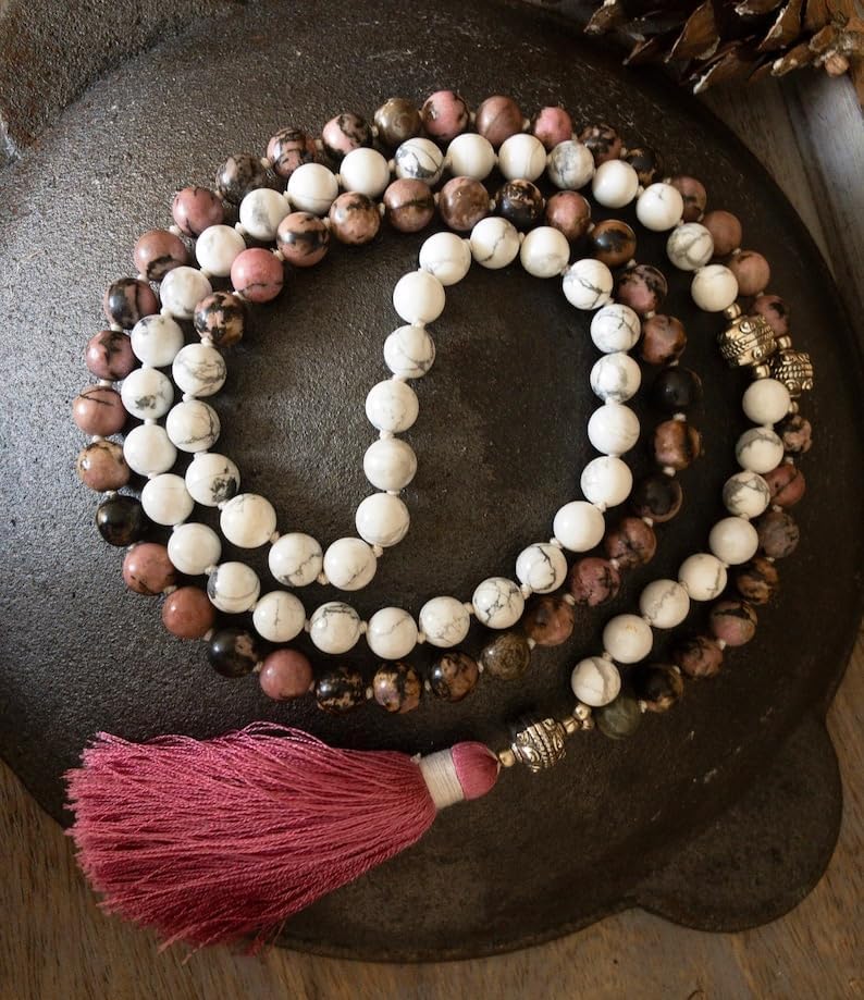 Natural Howlite Rhodonite 8mm 108 Mala Beads, Spiritual, Meditation Beads, Reiki, Japa Mala, Buddhist Prayer Beads, Yoga Bracelet, healing beads LKMALA-RRGU-3538, 34 inch