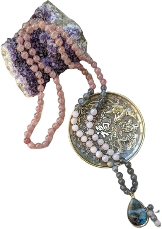 LABRADORITE and Strawberry Quartz Stone Mala Beads, 108 Mala Necklace, Knotted Mala, WWG Necklace, Yoga Jewelry Meditation Beads Spiritual Jewelry Boho Jewelry