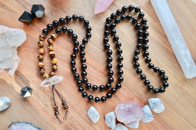 Onyx, Tiger Eye, Clear Quartz Stone Mala Beads, 108 Mala Necklace, Knotted Mala, WWG Necklace, Yoga Jewelry Meditation Beads Spiritual Jewelry Boho Jewelry, 34inch, Gemstone