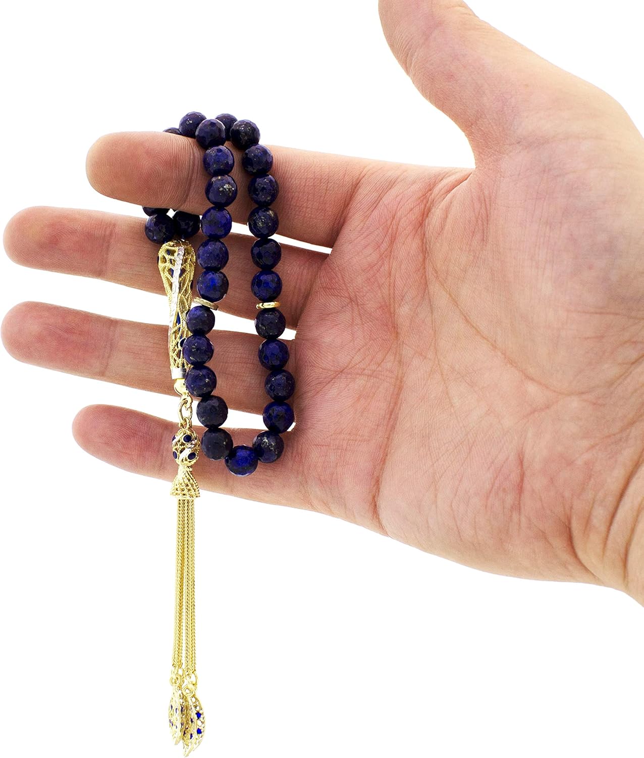 Gold Plated Silver Tassel Faceted Lapis Stones Islamic 33 Prayer Beads Tasbeeh