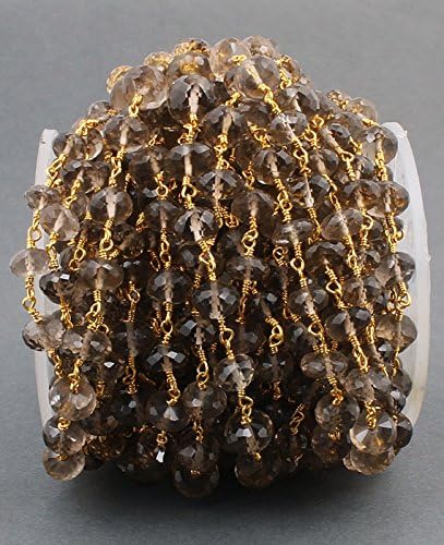 LKBEADS 3 Feets Smoky Quartz Rondelle Rosary Style Beaded Chain - Smoky Quartz Beads Wire Wrapped 24k Gold Plated 7mm-8mm