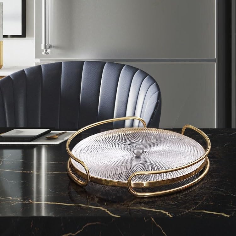Tray Nordic Light Luxury Glass Crystal Round Tray Living Room Coffee Table Transparent Storage Tray Simple Decorative Tray Serving Trays(Medium)