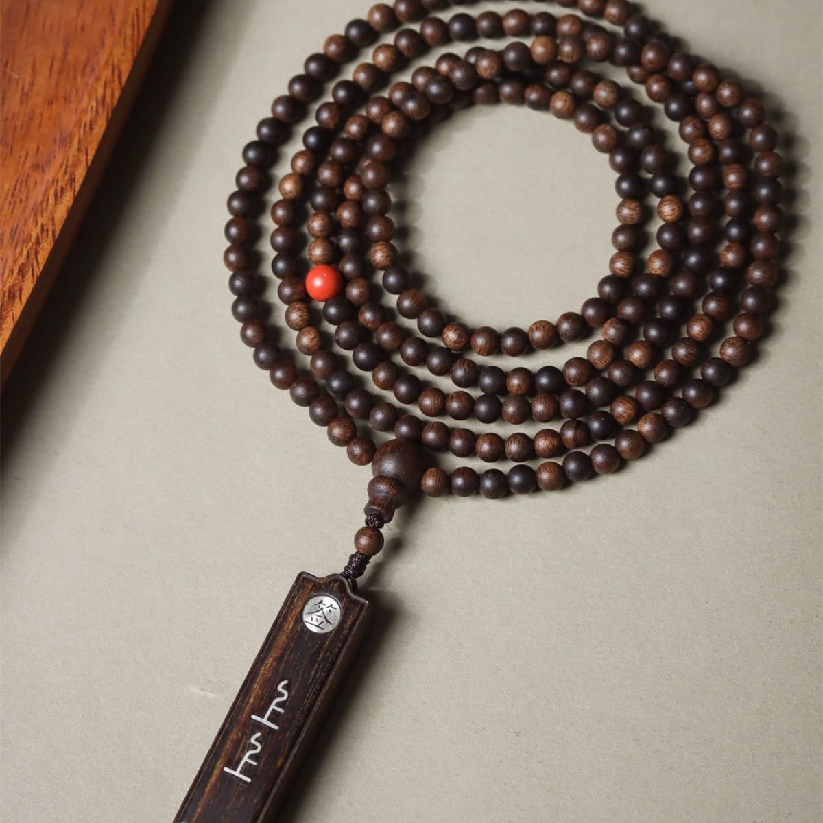 Hainan White Agarwood 4mm Prayer Beads with Premium Fortune Talisman Pendant, Sinking Grade