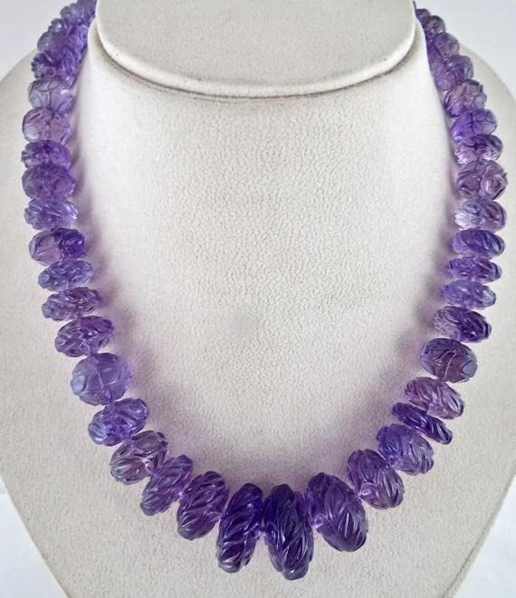 Natural Amethyst Carved Beads Necklace 21 INCHES 22 MM to 10MM