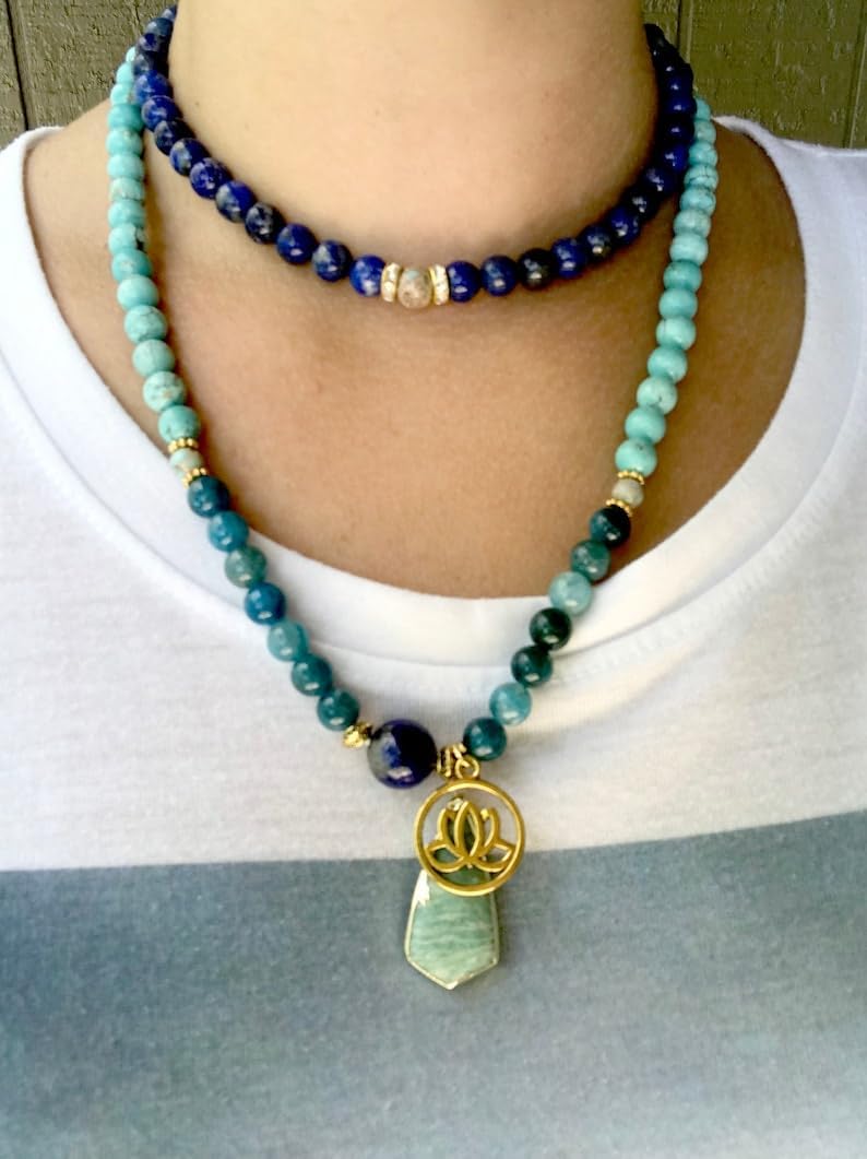 Natural Blue Apatite, Turquoise, Lapis Lazuli 8mm 108 Mala Beads, Spiritual, Meditation Beads, Reiki, Japa Mala, Buddhist Prayer Beads, Yoga Bracelet, healing beads LKMALA-RRGU-2502