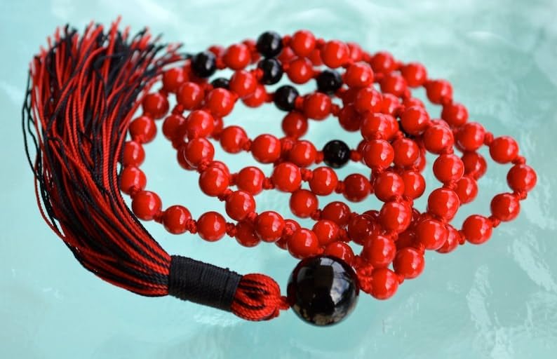 Natural Red Coral,Black Onyx 8mm 108 Mala Beads, Spiritual, Meditation Beads, Reiki, Japa Mala, Buddhist Prayer Beads, Yoga Bracelet, healing beads LKMALA-RRGU-1837, 34 inch