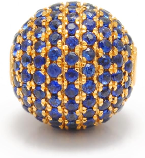 Kanika Creations 8mm 14K Solid Yellow Gold Pavé Spacer Bead with Natural Blue Sapphire – Round Gold Finding for Jewelry – Gift for Her