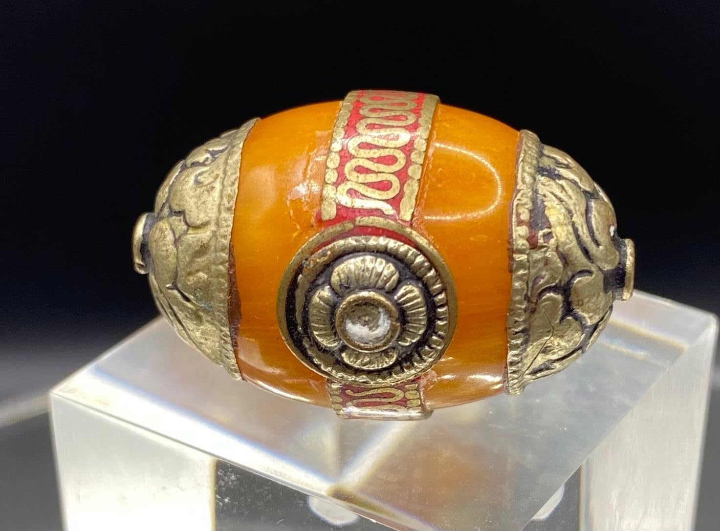 36x24mm Handmade Tibetan Natural Amber Bead with Coral Inlay – Ethnic Silver for Jewelry Making,14.21g Nepalese Boho Focal Bead for Necklace or Bracelet (20)