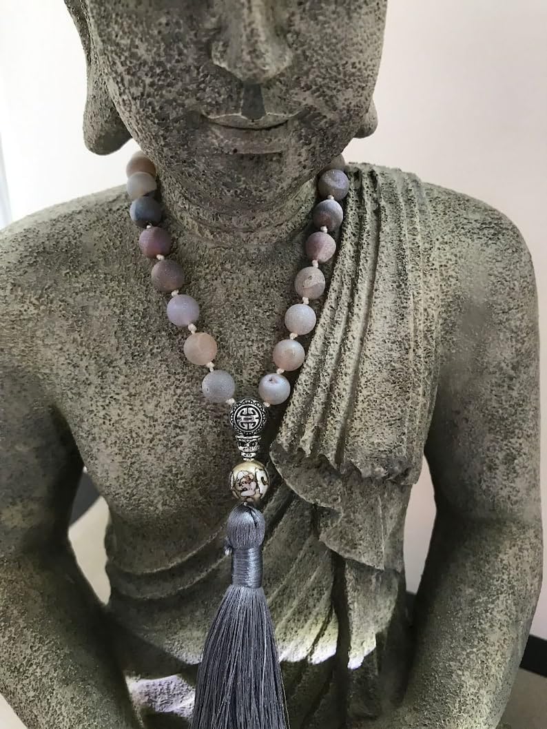 Natural Peruvian Clear Quartz, flower agate, aurora luster druzy beads, Stone Mala Beads, 108 Mala Necklace, Knotted Mala, WWG Necklace, Yoga Jewelry Meditation Beads Spiritual Jewelry Boho Jewelry,