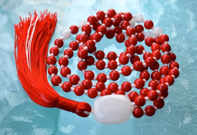 Natural Red Coral Moonstone 6mm 108 Mala Beads, Spiritual, Meditation Beads, Reiki, Japa Mala, Buddhist Prayer Beads, Yoga Bracelet, healing beads