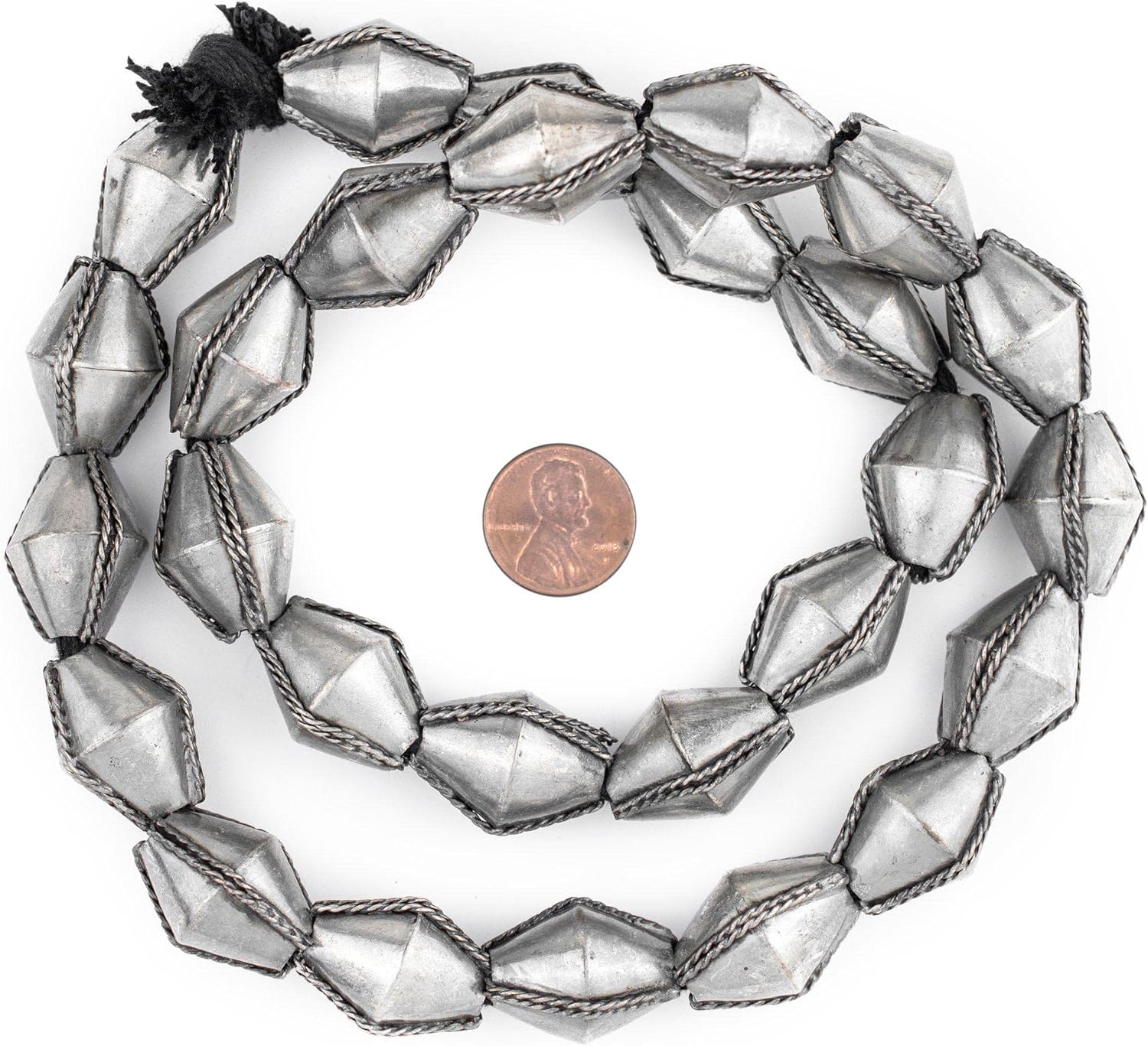The Bead Chest Ethiopian Wired Dark Silver Bicone Beads 22x16mm African White Metal Large Hole 24 Inch Strand Handmade