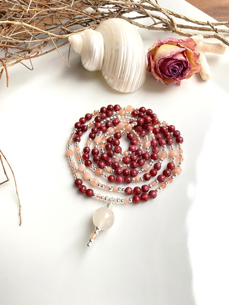 Natural thulite and moonstone 4mm 108 Mala Beads, Spiritual, Meditation Beads, Reiki, Japa Mala, Buddhist Prayer Beads, Yoga Bracelet, healing beads LKMALA-RRGU-3407