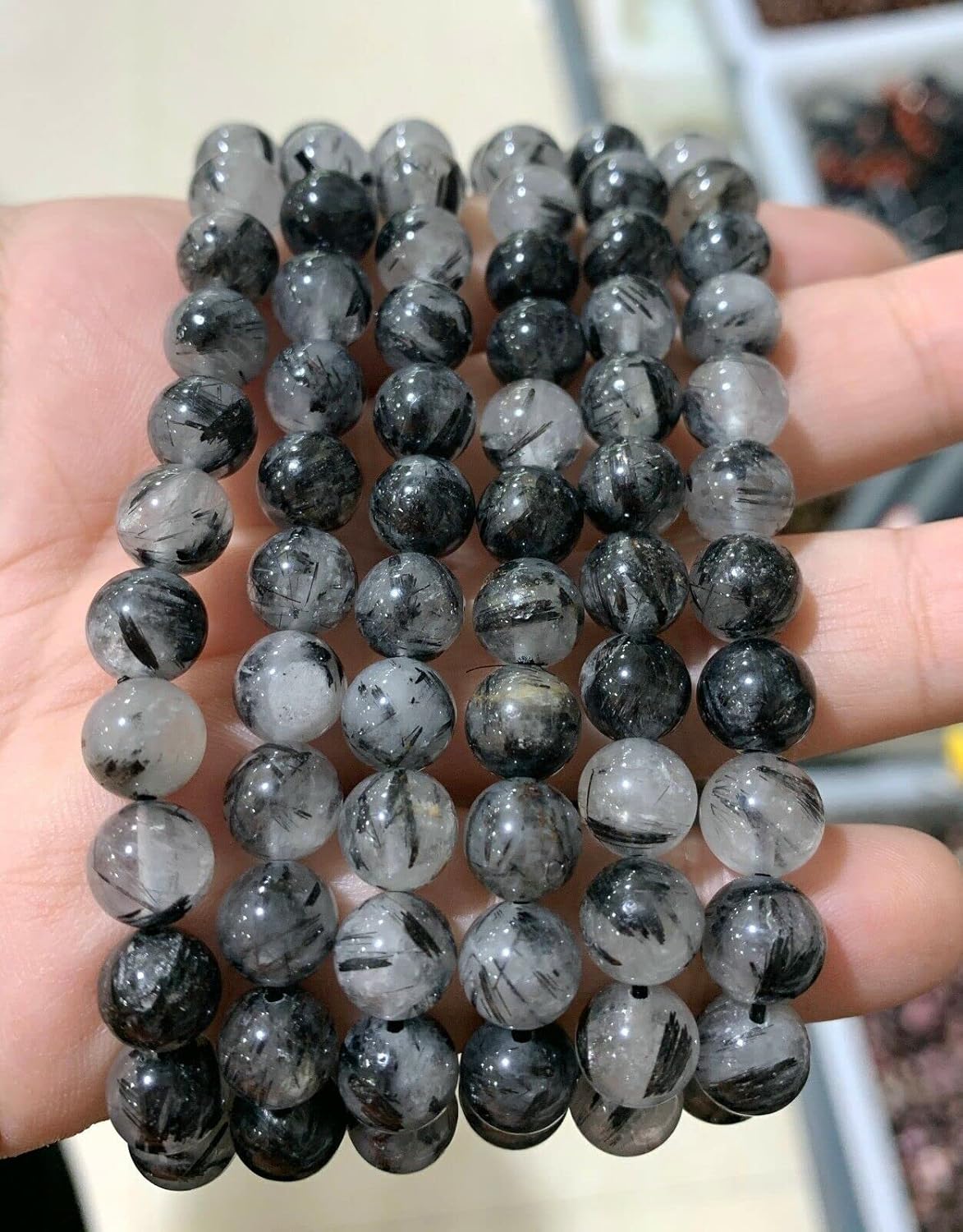 NOVAGEM 6 Pcs Natural Black Hair 8Mm 7.5” Crystal Healing Stretch Bracelet K8793