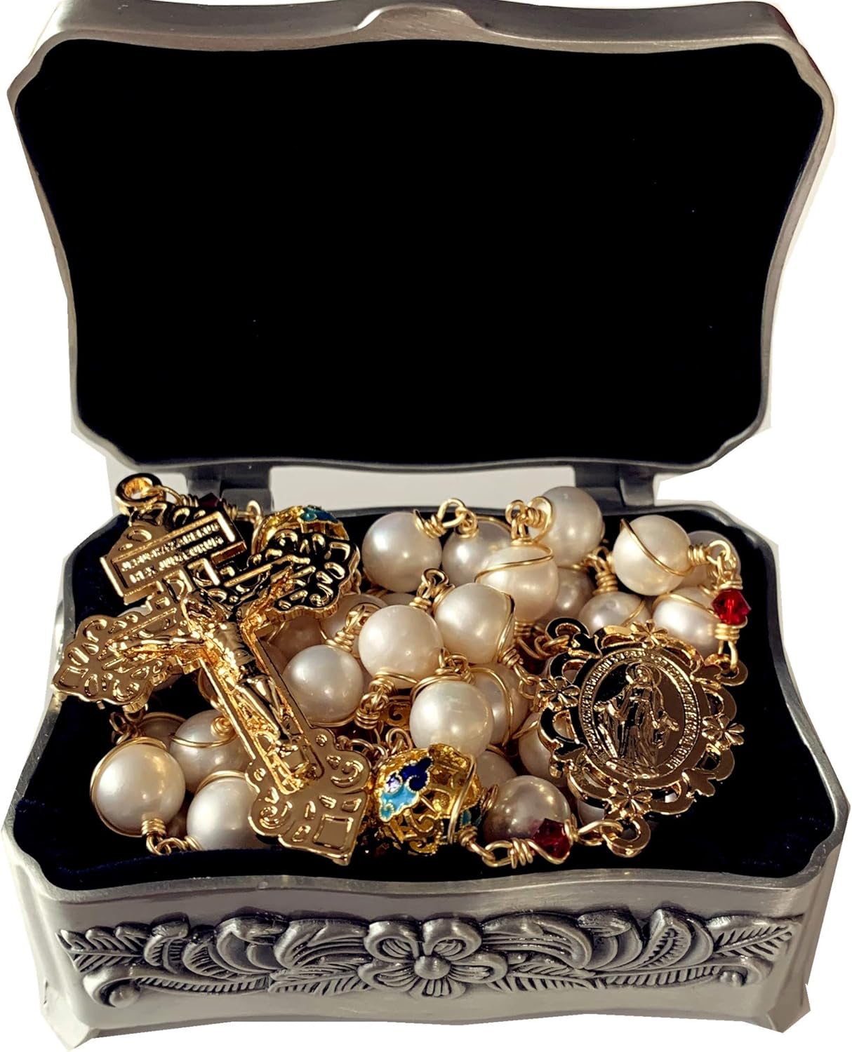 elegantmedical HANDMADE Gold Wire Wrapped Bead AAA White 10mm Real Pearl Rosary Cross NECKLACE BOX