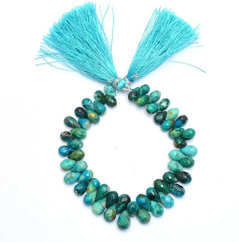 8 inch Strand of Natural Chrysocolla 6x8-7x10mm Teardrop Faceted briolette Beads for DIY Jewelry Making. |BRIO_02279