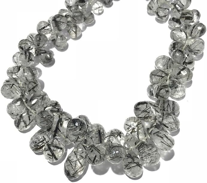 8 inch Strand of Natural Black Rutile Quartz 7-14mm Teardrop Faceted briolette Beads for DIY Jewelry Making. |BRIO_00934