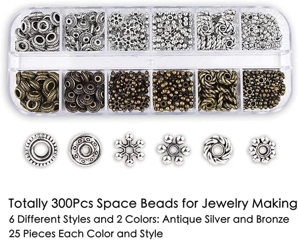 300pcs Silver Spacer Beads 6 Style Jewelry Beads Charm Spacers Alloy Beads Kit for Bracelets Necklace Earrings Jewelry Making
