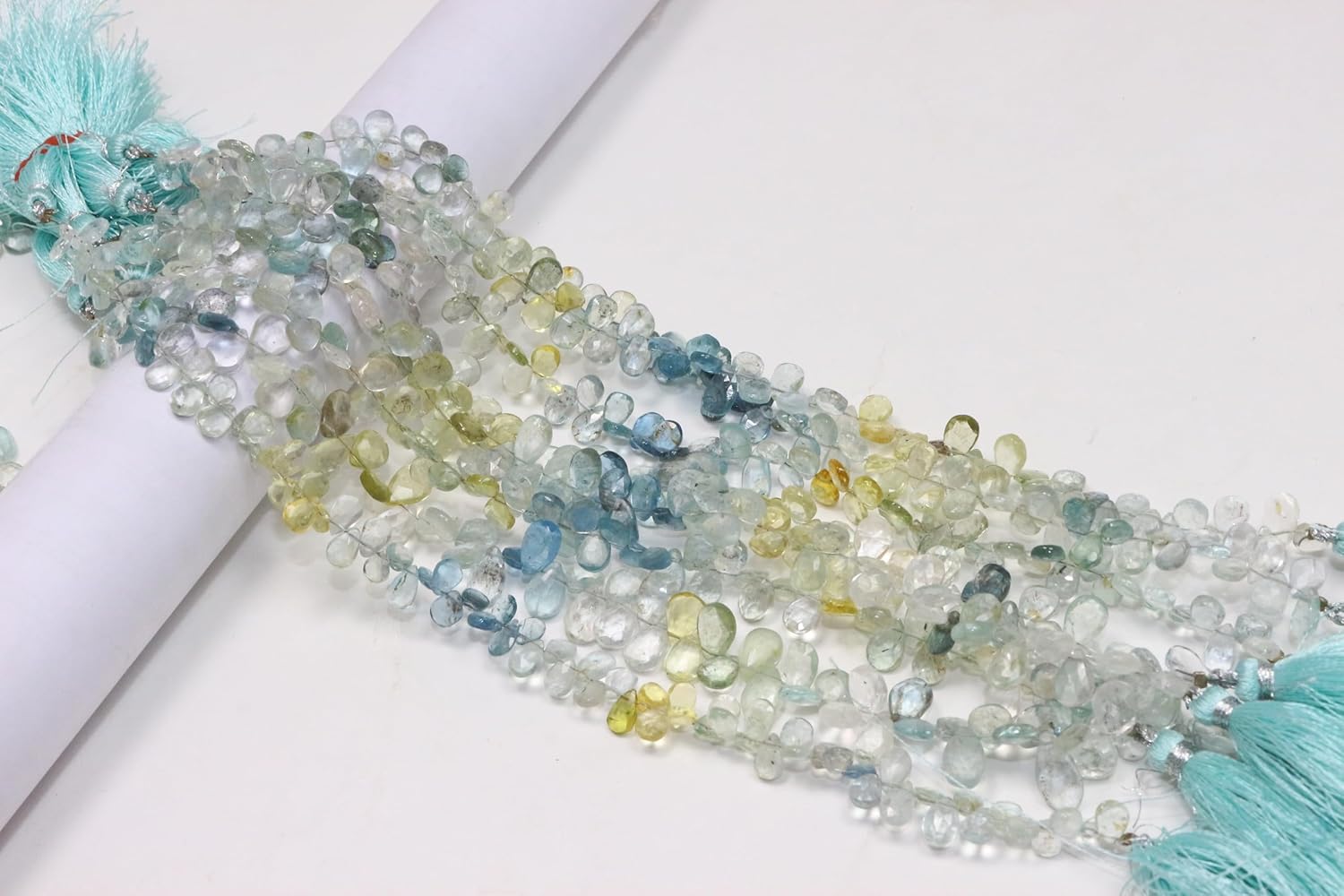 Natural Aquamarine Faceted Pear Beads, Multi-Color Blue and Yellow, Semi-Precious Gemstone Strand, 4-8mm, 8 Inch Length