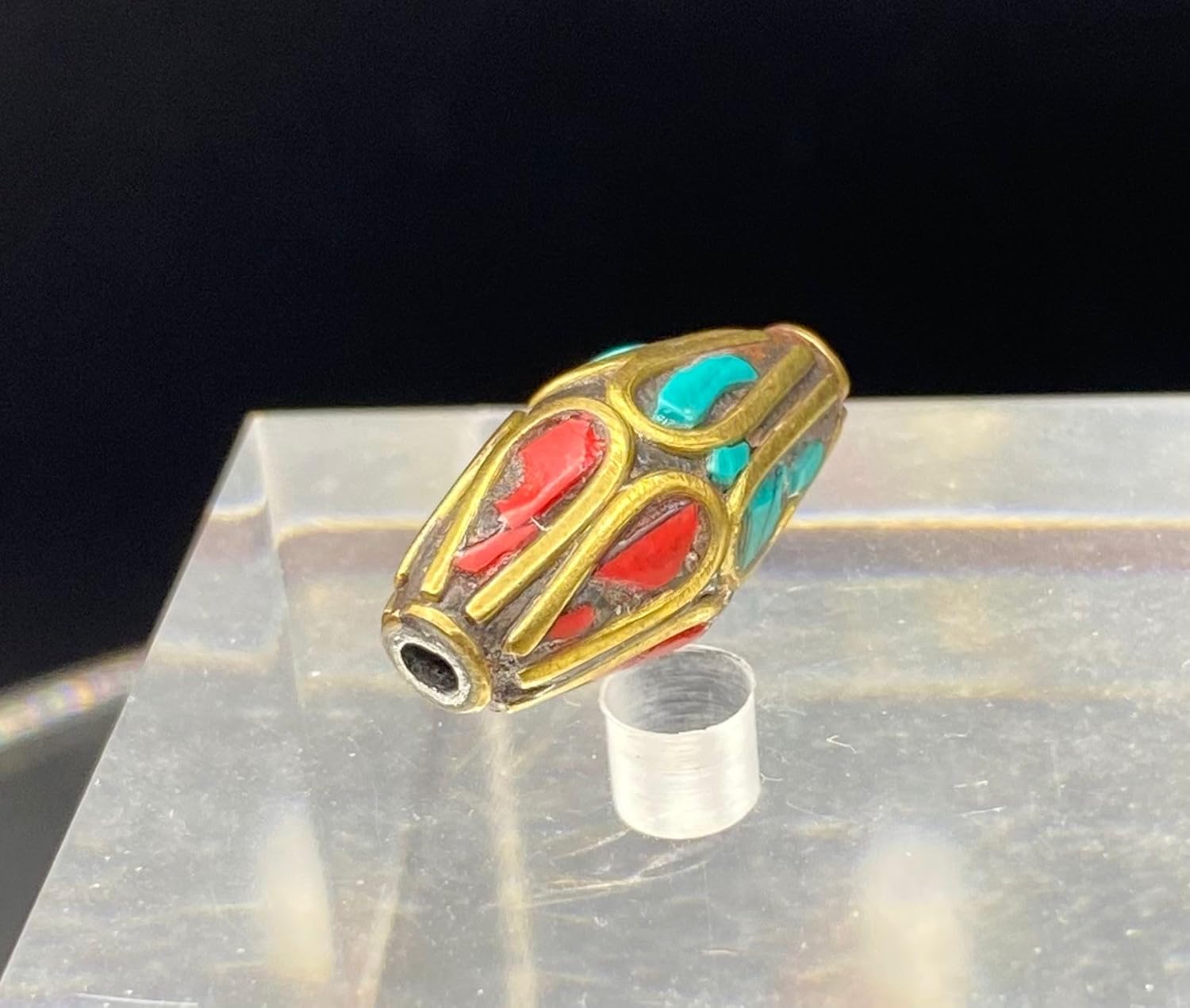 Old Antique Handcrafted 21x10mm Nepalese Tibetan Brass Bead with Turquoise & Coral Inlay – Vintage Ethnic Dzi Style Barrel Buddha Prayer Amulet Bead for Jewelry Making