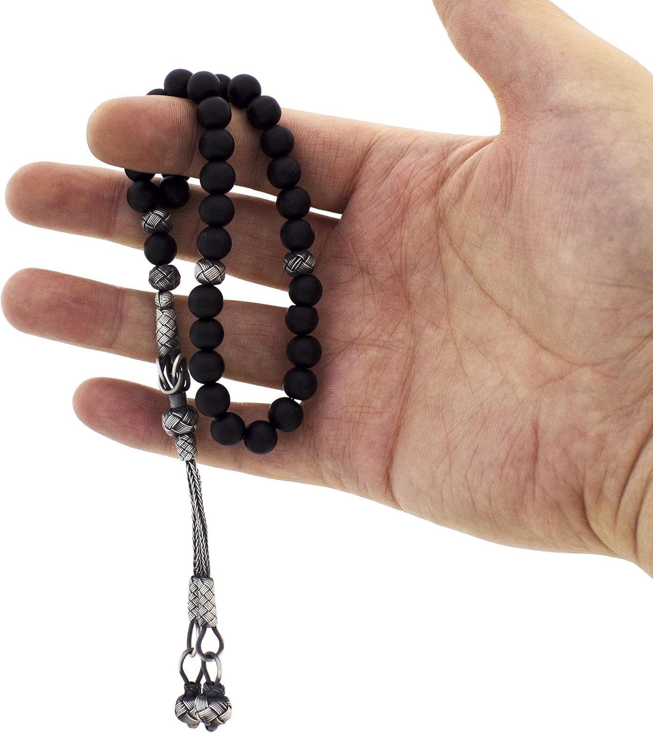 1000 Ct Silver Turkish Kazaz Matte Onyx Islamic 33 Prayer Beads Tasbeeh Rosary