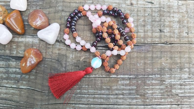 Natural Garnet, Rose Quartz, Rudraksha 8mm 108 Mala Beads, Spiritual, Meditation Beads, Reiki, Japa Mala, Buddhist Prayer Beads, Yoga Bracelet, healing beads LKMALA-RRGU-3927