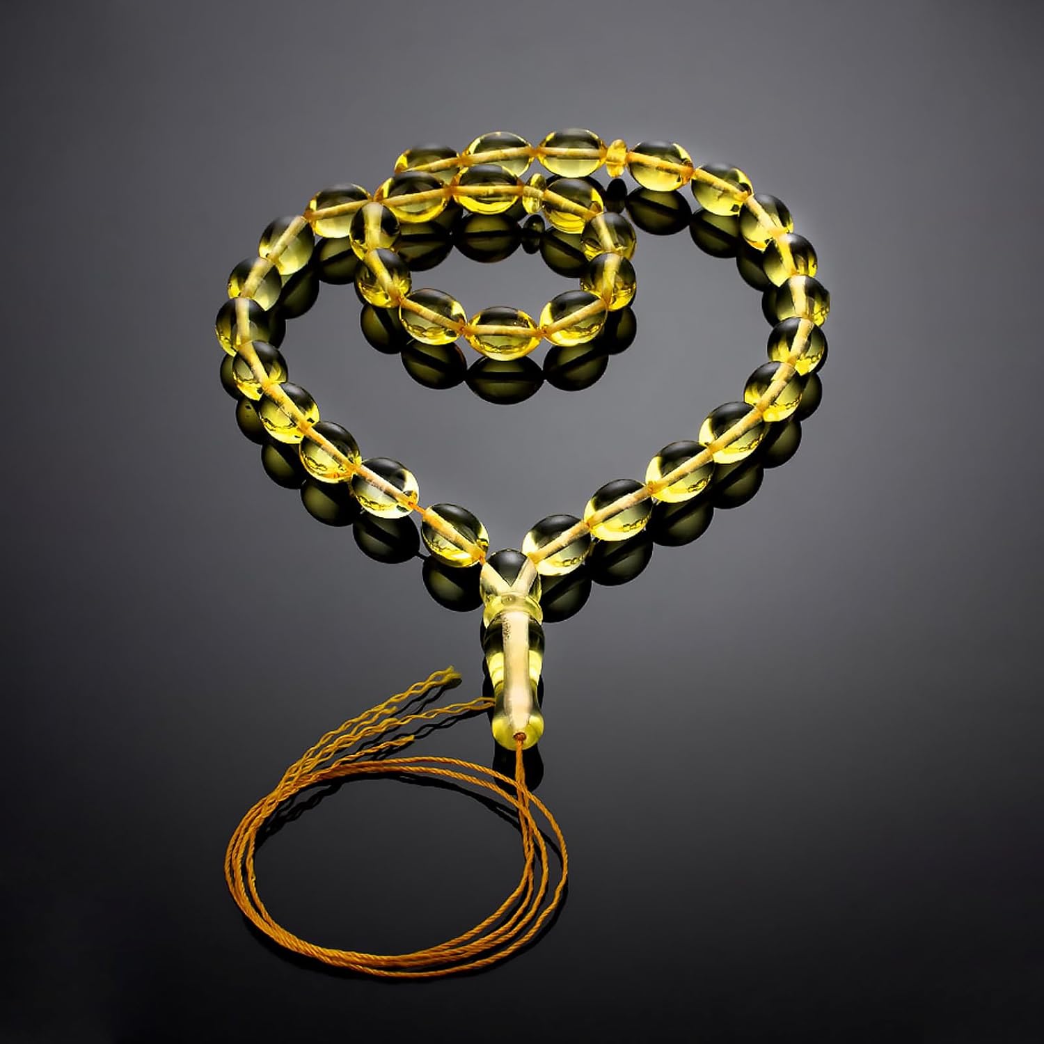 Lemon Amber Prayer Beads – 33 Beads Islamic Tasbih – Handmade Natural Baltic Amber Misbaha – Polished Oval Shape – 15.4 Grams – 15 in Total Length – Gift for Him & Her