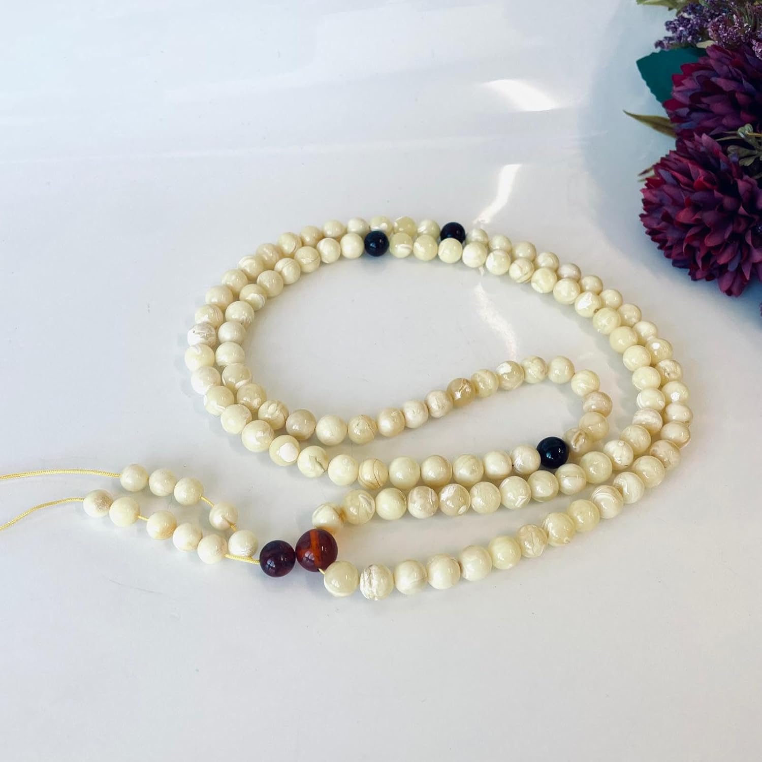 AMBERSTONE Milky Amber Mala Prayer Beads - Buddhist Rosary for Chanting Mantra - Natural Baltic Amber - Premium Handmade Japa for Meditation - 108 Beads / 41.8 g