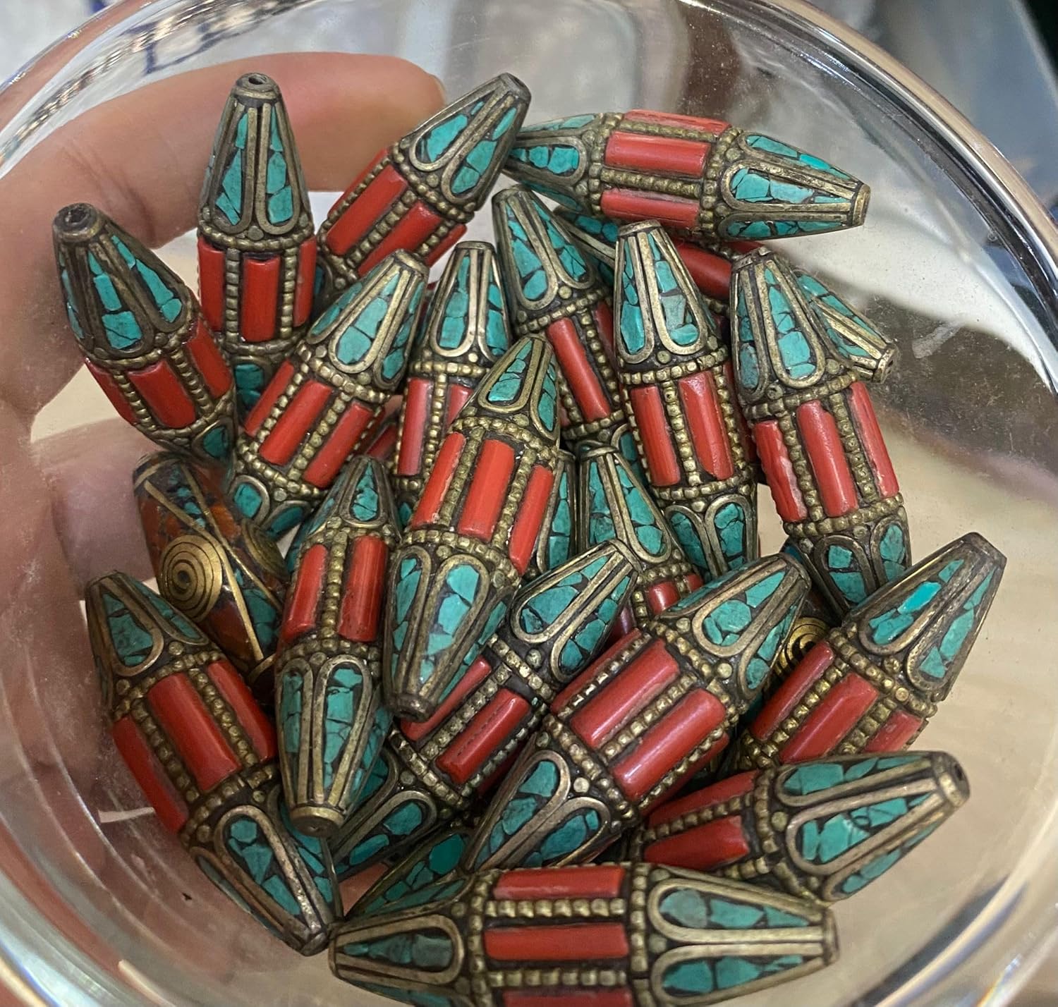 Handcrafted 13g Nepalese Tibetan Brass Bead with Turquoise & Coral Inlay – Vintage Ethnic Dzi Style Barrel Bead for Jewelry Making