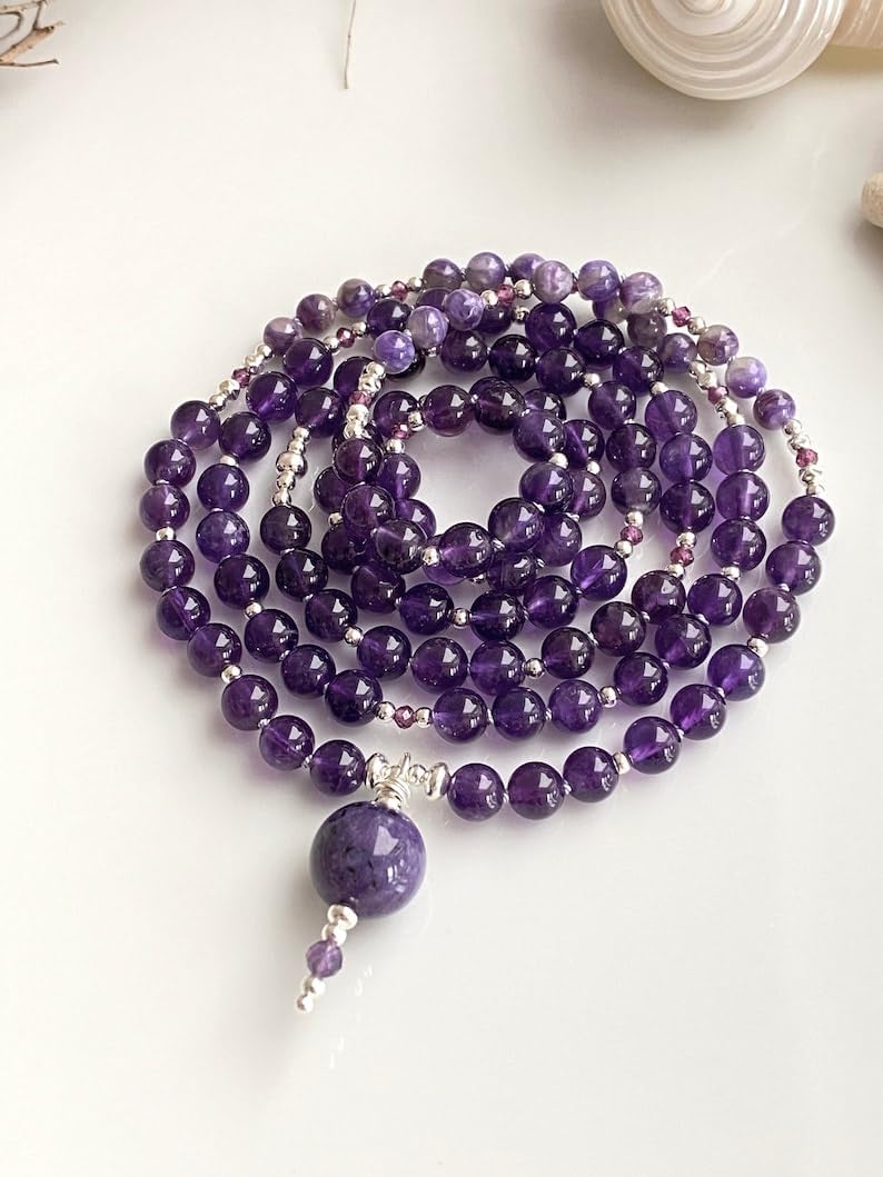 Natural Dark charoite and amethyst 5mm,6mm 108 Mala Beads, Spiritual, Meditation Beads, Reiki, Japa Mala, Buddhist Prayer Beads, Yoga Bracelet, healing beads LKMALA-RRGU-3484
