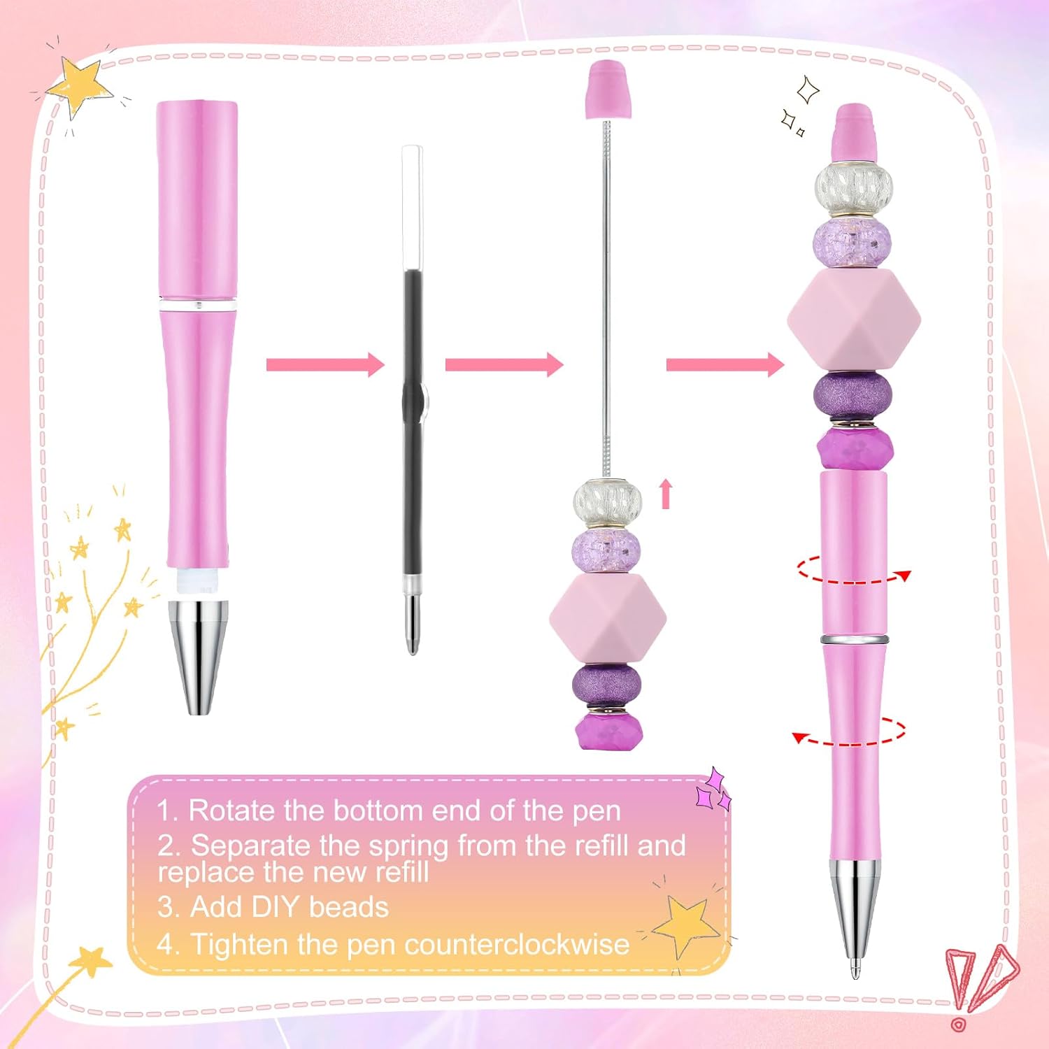 Kosiz 300 Pcs Beadable Pen Bulk Assorted Plastic Bead Pen DIY Black Ink Ballpoint for DIY Making Kids Students Office Back to School Gift Supplies(Multicolor)