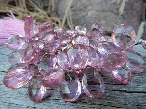 Pink Quartz Beads briolettes Faceted Teardrop Pears top drilled Stones Mystical Finish 14mm X 10mm 3 3/4 inches Strand