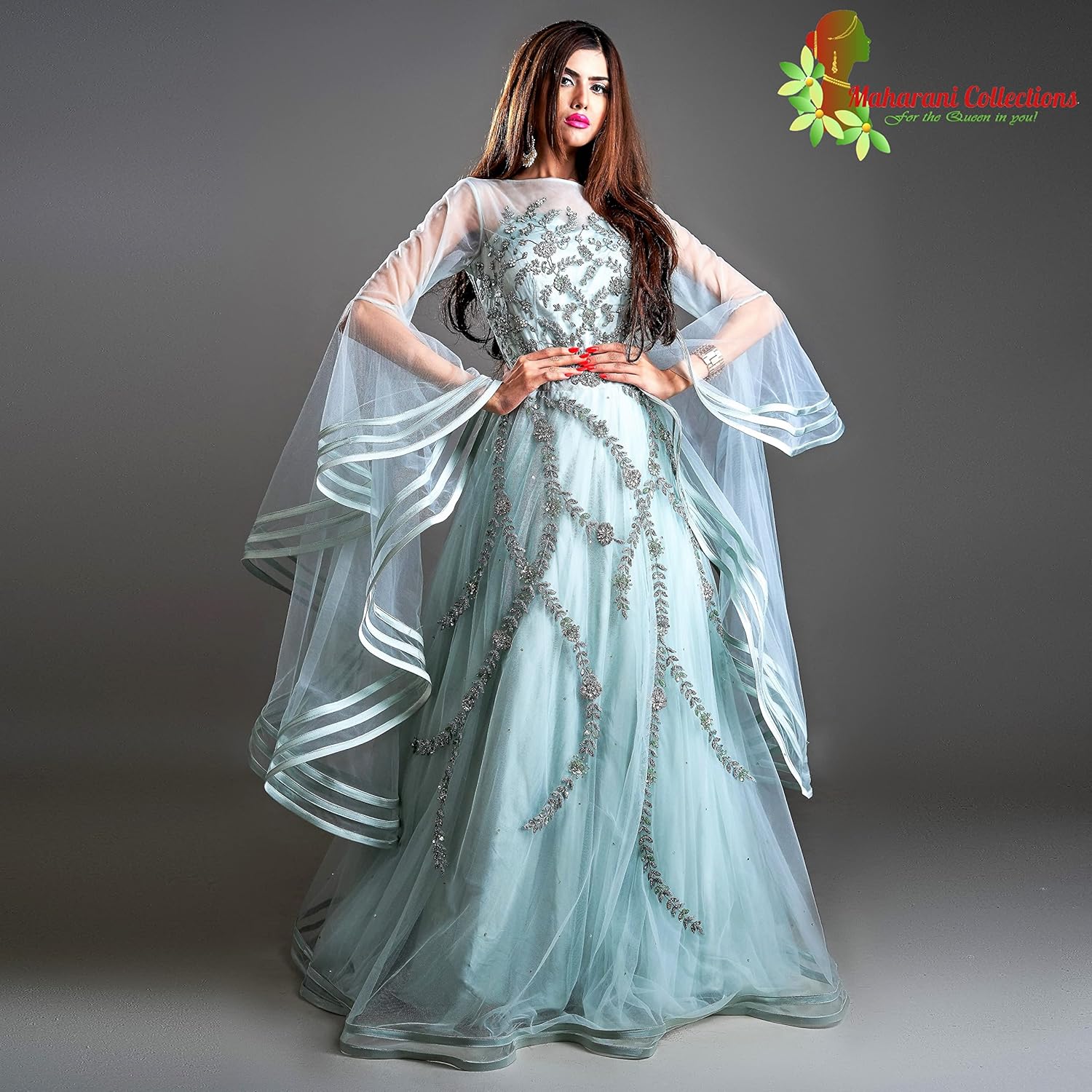 Designer Ball (Princess) Gown - Light Sea Green with Net, Beads, Sequins and Thread Work