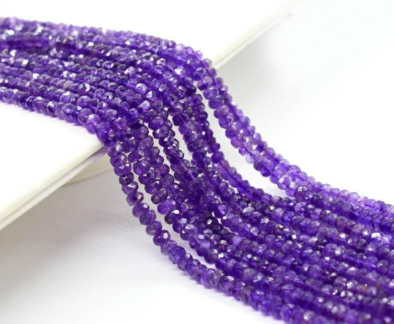 10 Strand Bunch Faceted Amethyst Rondelle Beads 4mm | Natural Gemstone Beads 13 Inch Strand | Healing Bead for Jewelry Making, DIY Bracelets, Necklaces, Earrings & Crafts