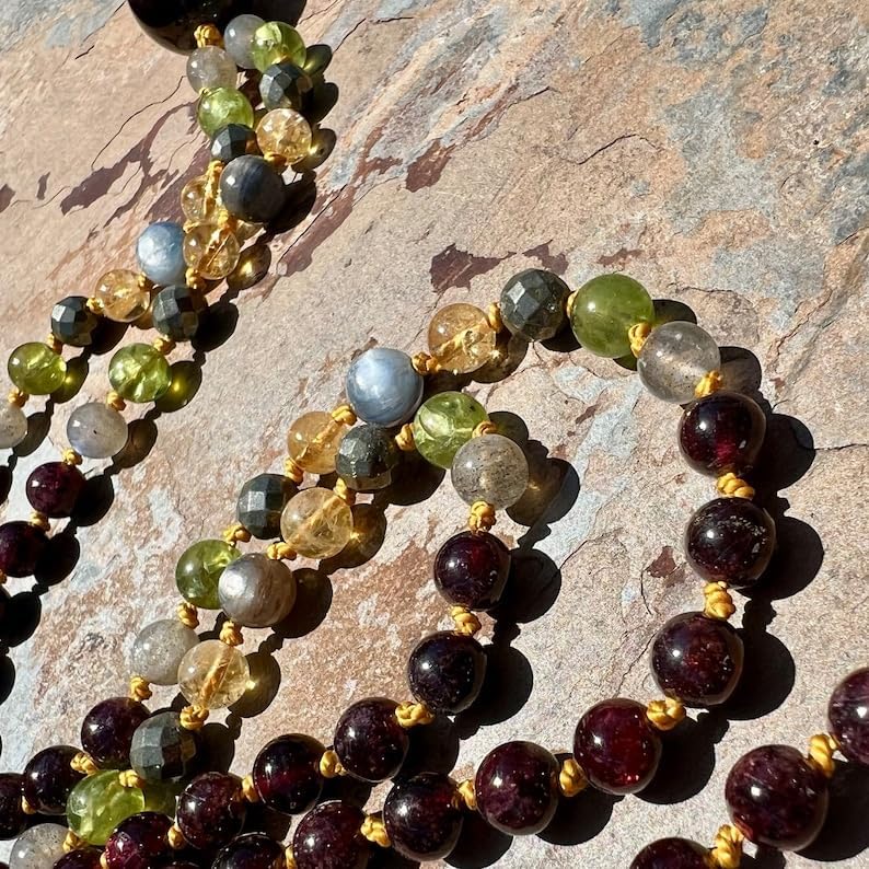 garnet, pyrite, peridot, kyanite, citrine, and labradorite Stone Mala Beads, 108 Mala Necklace, Knotted Mala, WWG Necklace, Yoga Jewelry Meditation Beads Spiritual Jewelry Boho Jewelry