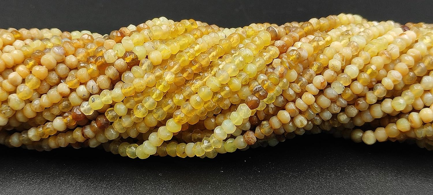 Hanumat Gems Lot of 10 Strands Peruvian Yellow Opal Rondelle Faceted Gemstone Beads,Peruvian Opal Faceted Beads,Peruvian Opal Rondelle Beads,3.00-4.00 MM Beads,13 Inches Strand.