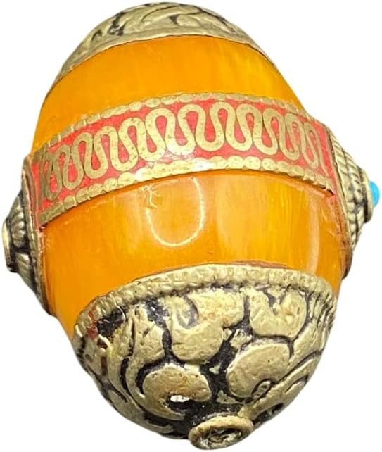 36x24mm Handmade Tibetan Natural Amber Bead with Coral Inlay – Ethnic Silver for Jewelry Making,14.21g Nepalese Boho Focal Bead for Necklace or Bracelet (20)