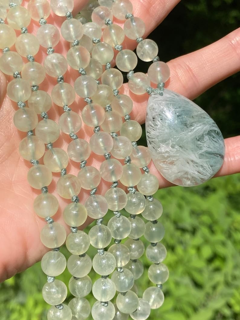 Prehnite and Scolecite in Fluorite Stone Mala Beads, 108 Mala Necklace, Knotted Mala, WWG Necklace, Yoga Jewelry Meditation Beads Spiritual Jewelry Boho Jewelry