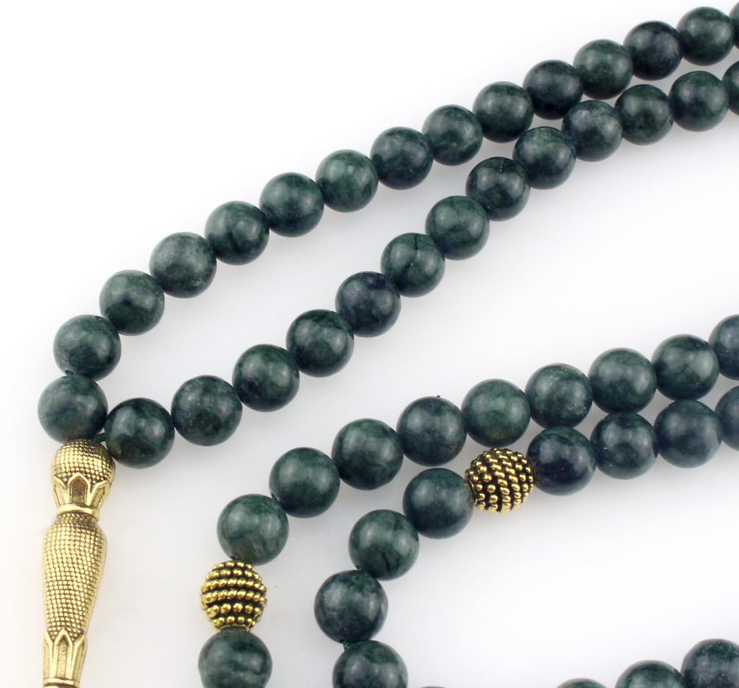 Muslims Islamic Dhikr Tasbeeh 99 Tasbih Prayer Beads, Dark Green Jade Stone Beads with Tassel