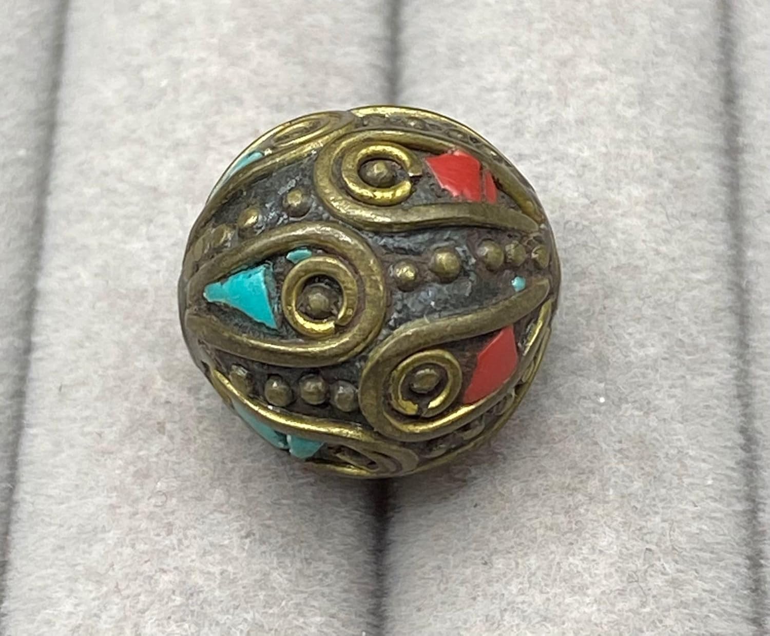 ALI OPLALS Old Antique Nepali Tibetan Handmade Brass Bead 16mm 6g | Turquoise & Coral Inlay Round Bead | Ethnic Boho Jewelry Supply |Prayer Buddha Amulets, For Pendant Bracelet Necklace Making (50)