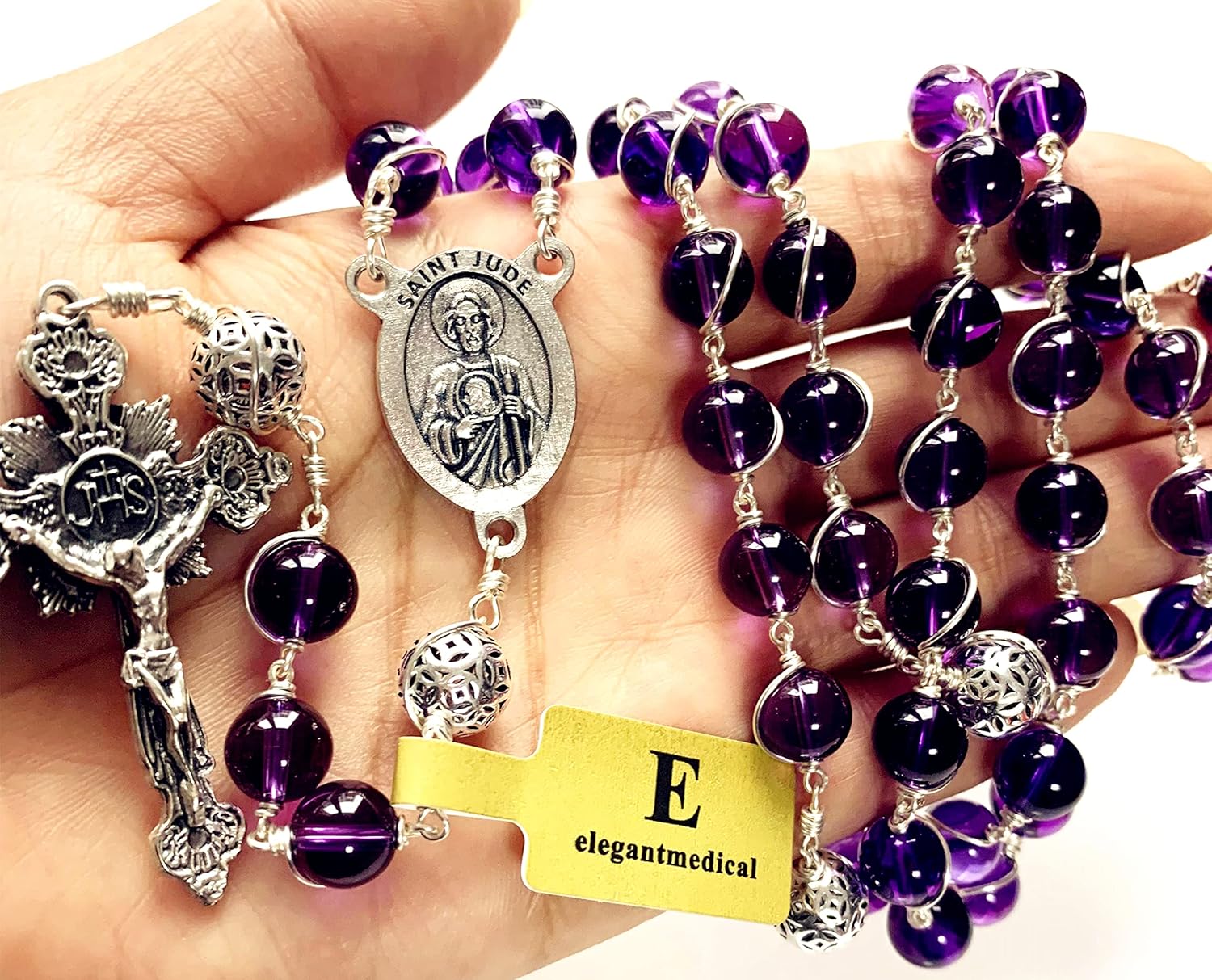 elegantmedical HANDMADE Bali 925 Sterling Silver Beads Purple Amethyst Catholic necklace Wire Wrap Rosary Cross