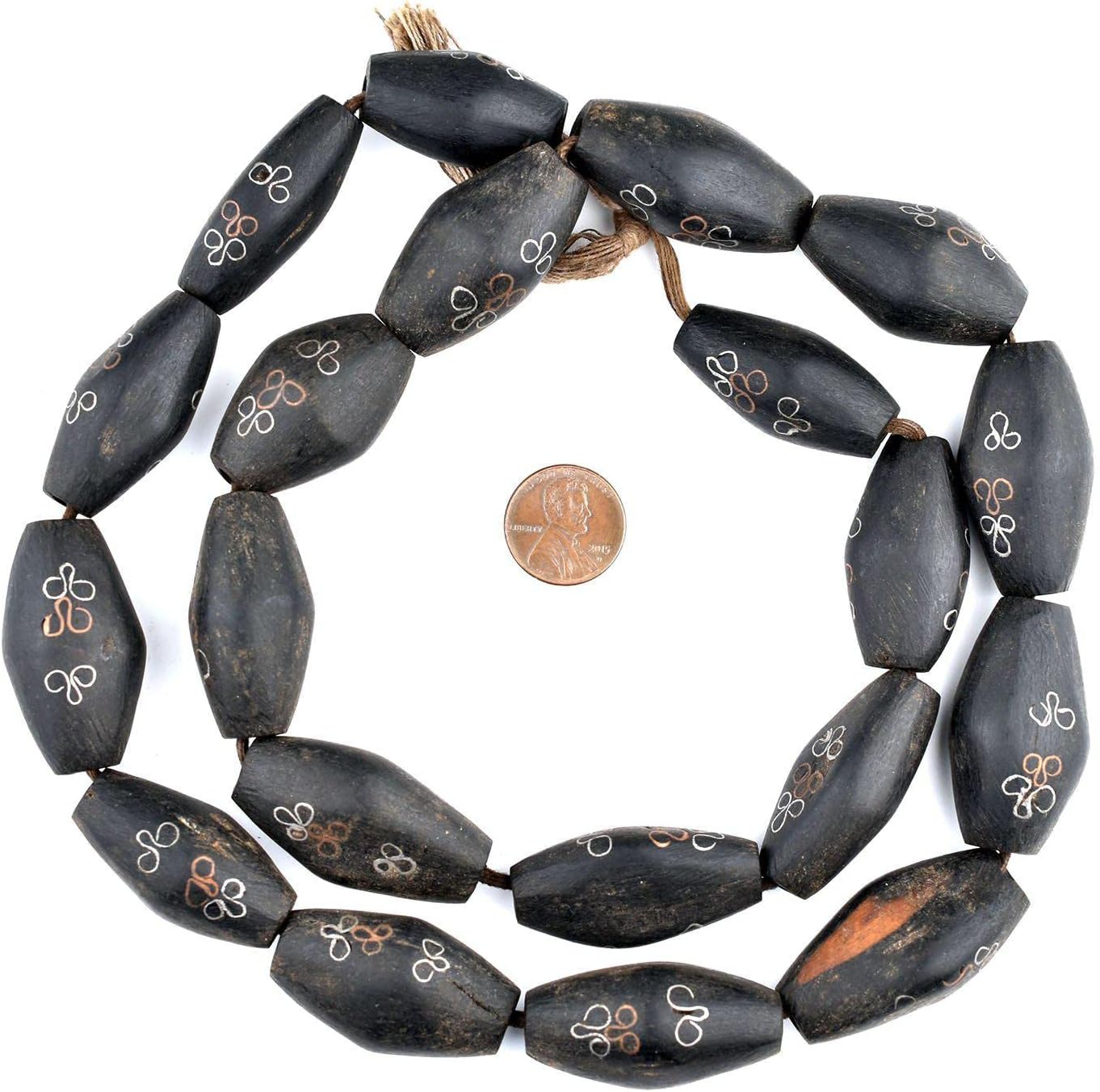 The Bead Chest Mauritanian Inlaid Ebony Wood Bicone Beads 34x20mm African Black Large Hole 30 Inch Strand Handmade