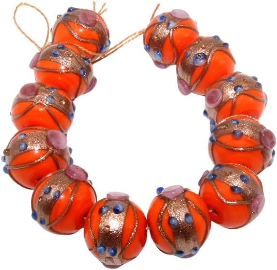 Handcrafted Orange Lampwork Glass Beads | 16mm Designer Round Loose Beads | Available in 10 Strands | Artistic Handmade Beads for Jewelry Making, DIY & Decoration