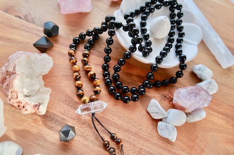Onyx, Tiger Eye, Clear Quartz Stone Mala Beads, 108 Mala Necklace, Knotted Mala, WWG Necklace, Yoga Jewelry Meditation Beads Spiritual Jewelry Boho Jewelry, 34inch, Gemstone