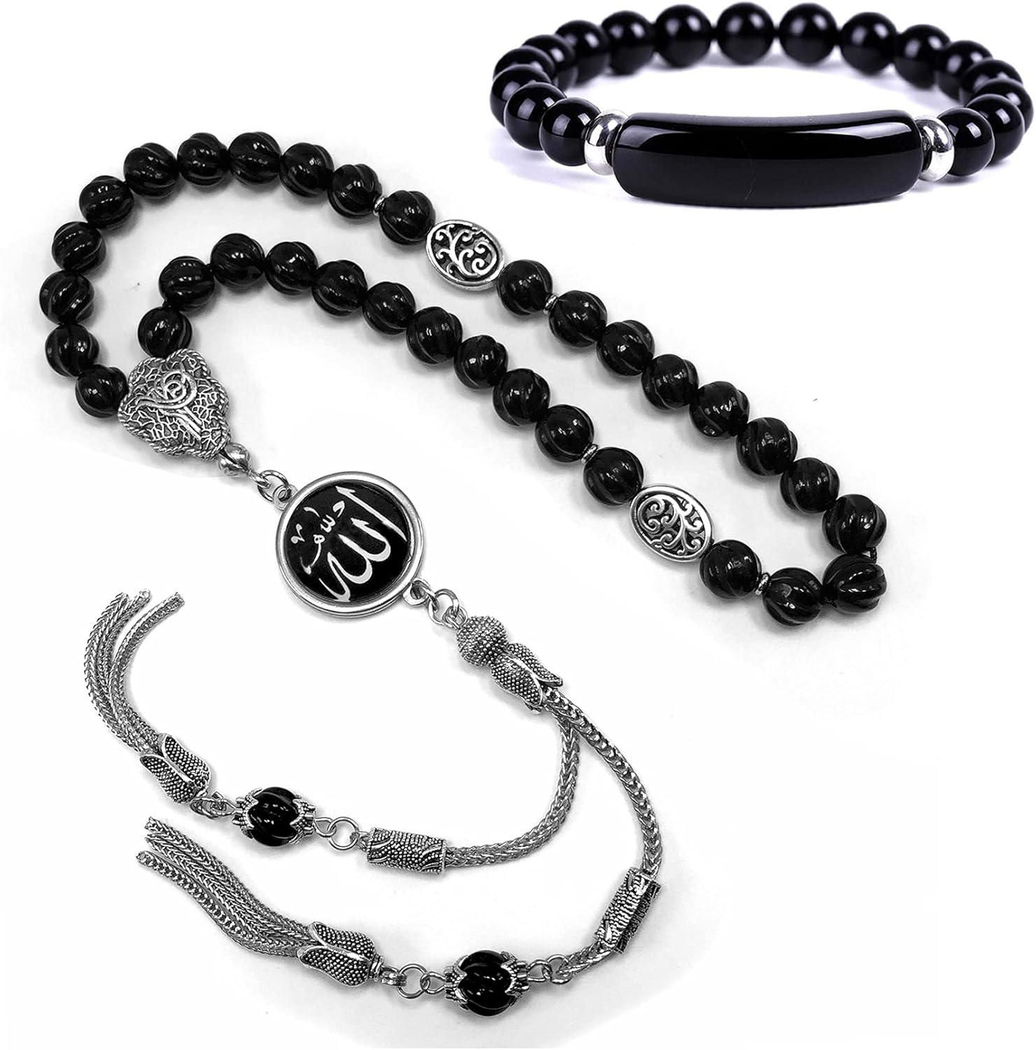 -Regal Collection- Prayer Beads-Tesbih-Tasbih-Tasbeeh-Misbaha-Masbaha-Subha-Sebha-Sibha-Rosary (-Genuine Carved Black Agate Stone -8mm 33 Beads- & Black Agate Bracelet-)