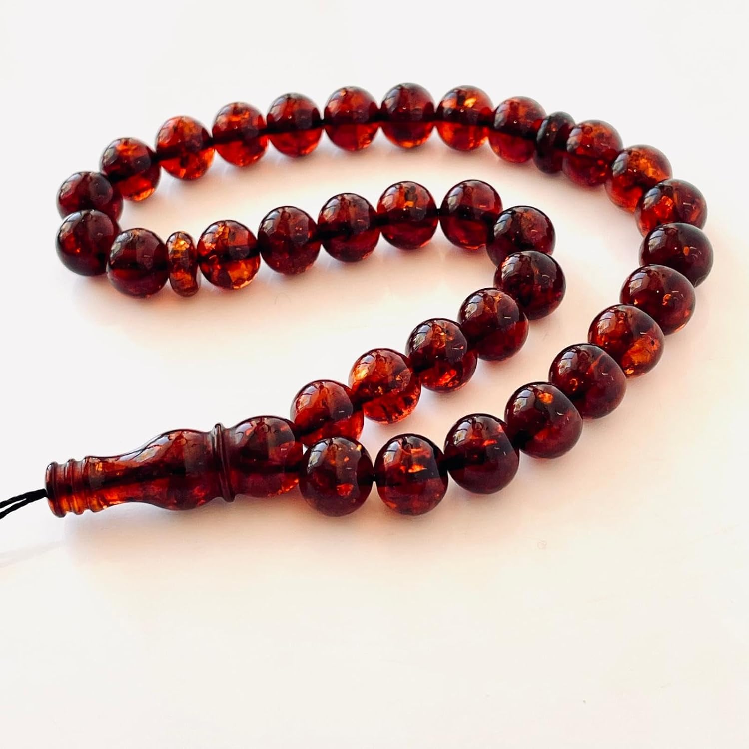 AMBERSTONE Muslim Prayer Beads Tasbih - Premium Handmade Baltic Amber Tasbeeh for Dhikr - Natural Cherry Amber Islamic Rosary Misbaha Subha - 33 Beads / 18 g