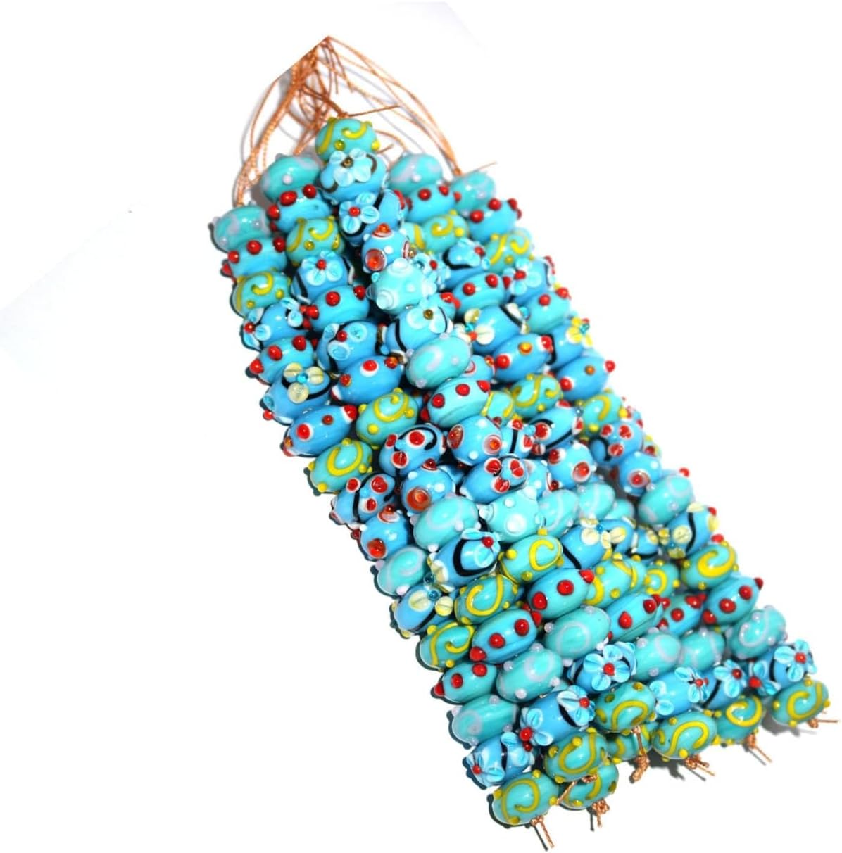 Handcrafted Light Blue Lampwork Glass Beads | Artistic Beads with Red Dots | Available in 10 Strands | Premium Handmade Beads for Jewelry Making, DIY & Crafts.
