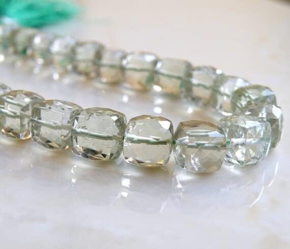 Prasiolite Green Amethyst Gemstone Faceted Cube 9mm 10 Beads 1/2 Strand