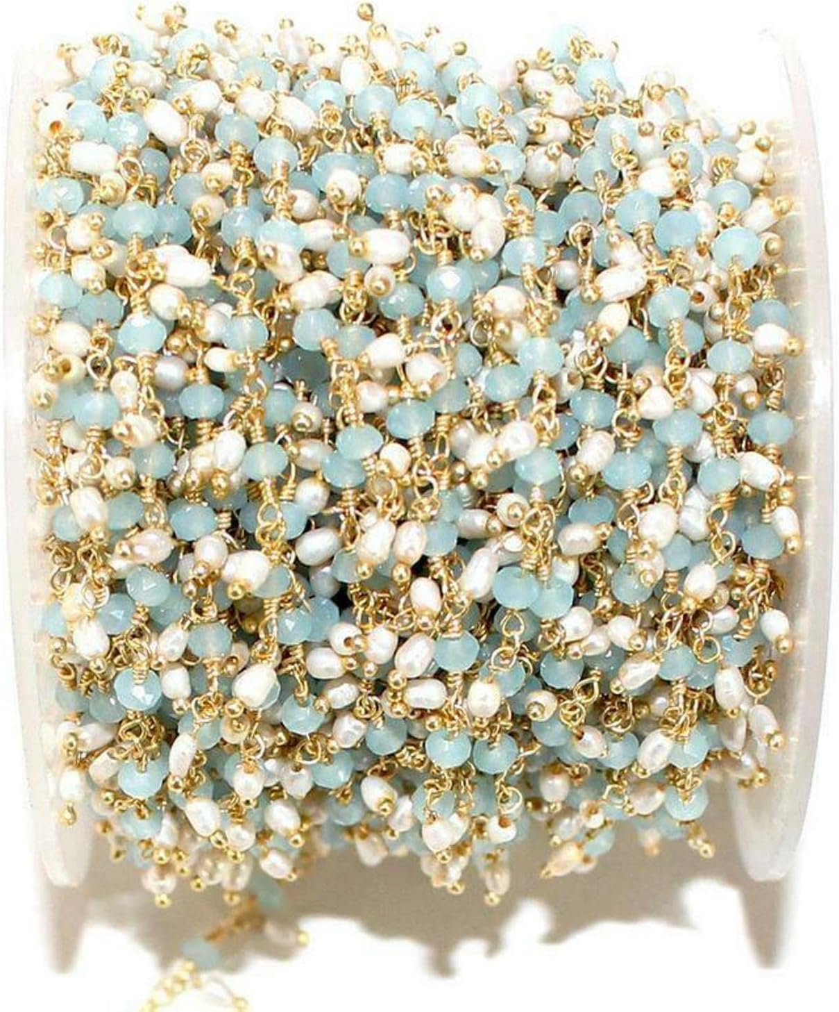 36 inch long gem peruvian chalcedony & pearl 3-4mm rondelle & oval shape faceted & smooth cut beads wire wrapped 22k gold plated dangling rosary chain for jewelry making / DIY jewelry crafts #Code - DANRCH-039