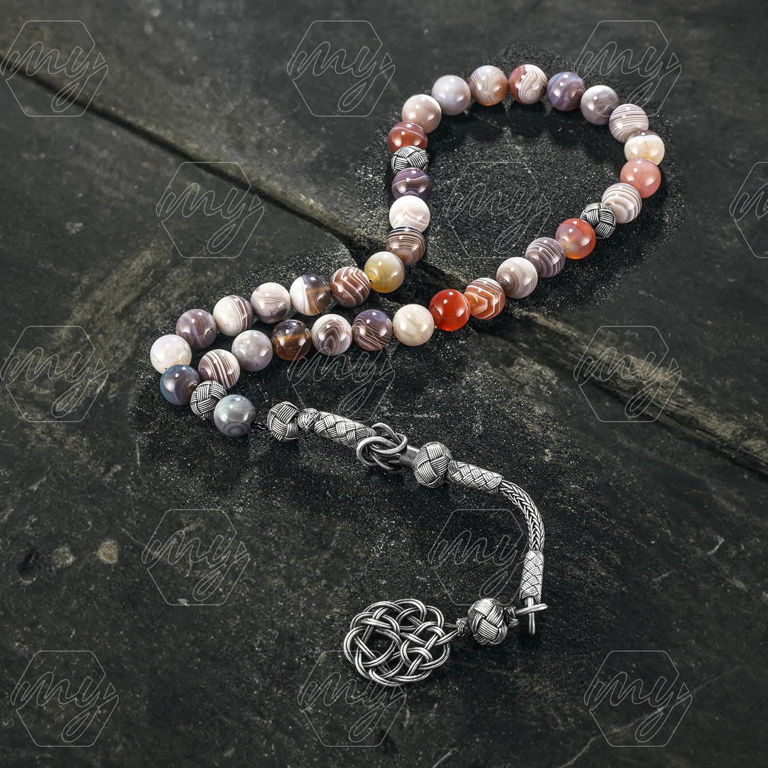 1000 Ct Silver Turkish Kazaz Botswana Agate Islamic 33 Prayer Beads Tasbeeh Misbaha